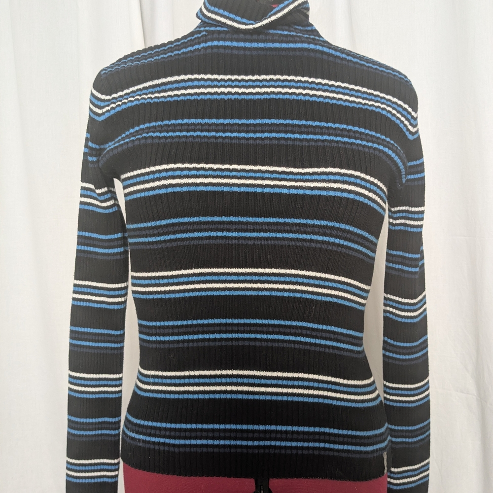 Striped Turtleneck Sweater - Black and Blue